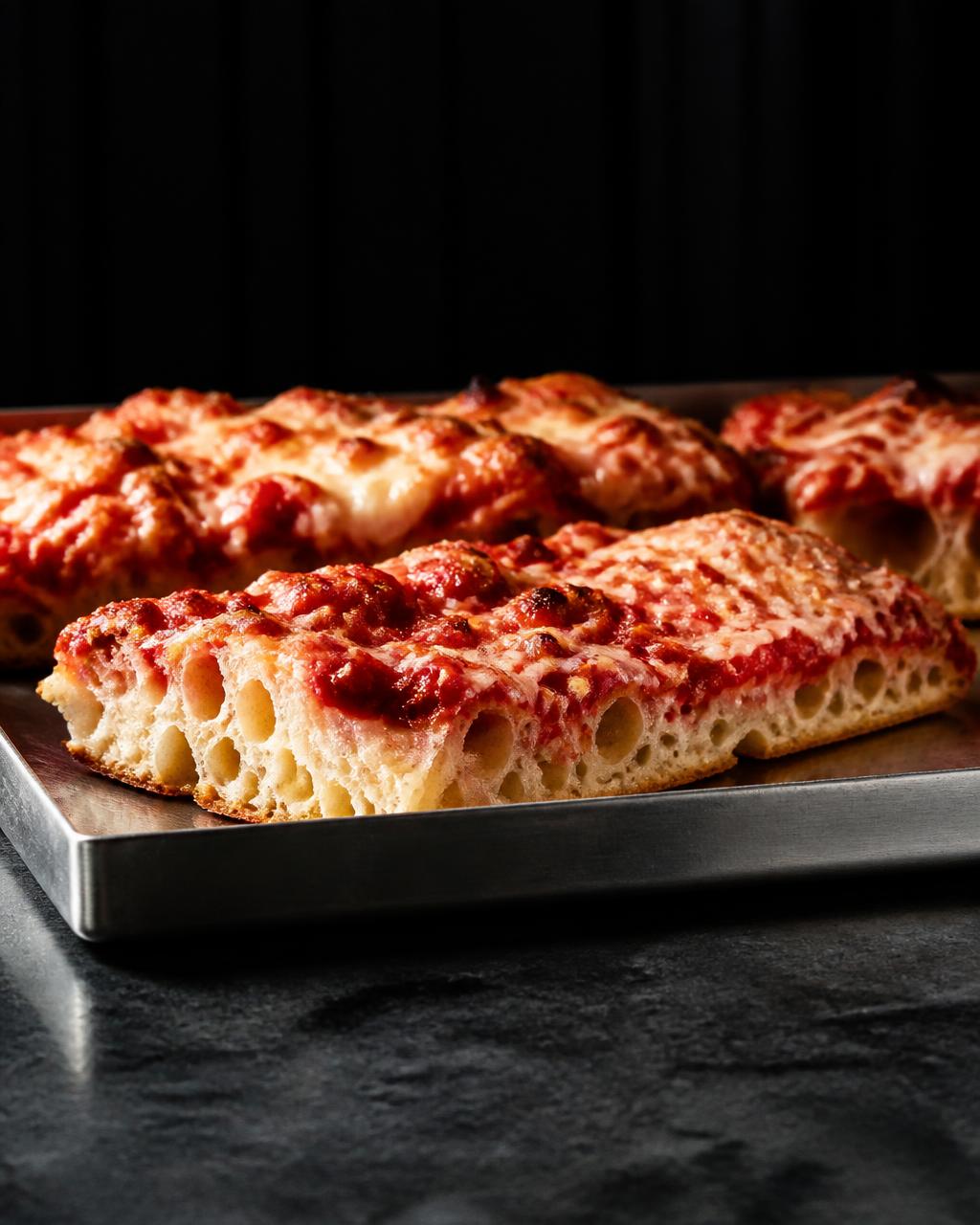 Pizza romana em teglia fatiada sobre bandeja de aço